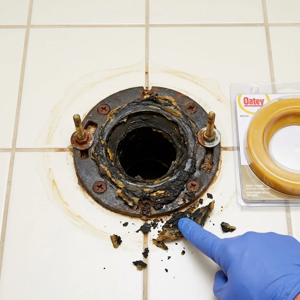 Failed wax ring showing water seepage at the base of a toilet in a Flat Rock, NC home