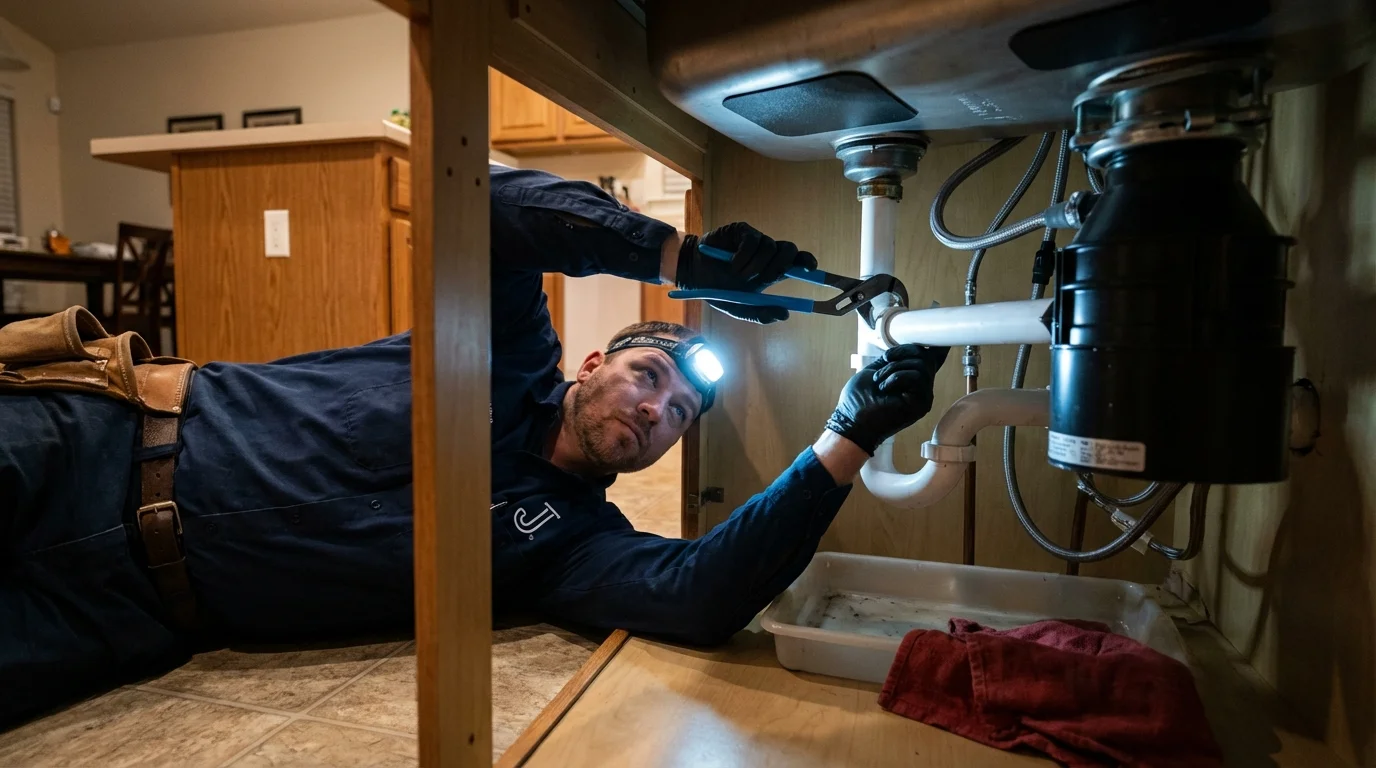 P-trap and supply line connections under a kitchen sink showing a common leak point in Flat Rock, NC